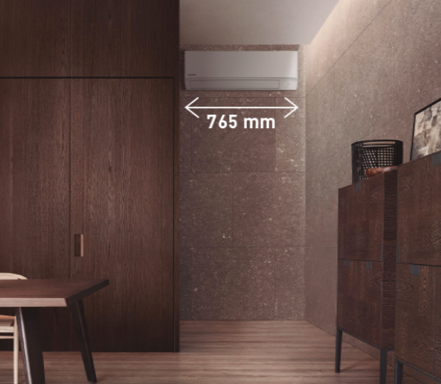 Diseño ultracompacto de solo 765 mm Una de las características más destacadas de la gama BZ es su diseño supercompacto de solo 765 mm de ancho.  Panasonic ha desarrollado esta unidad para facilitar su instalación en espacios reducidos, incluso en ubicaciones como la zona situada sobre una puerta. Su diseño compacto también busca simplificar las operaciones de instalación y mantenimiento sin renunciar al rendimiento.  La unidad interior mide aproximadamente 765 mm de ancho, 290 mm de alto y 214 mm de profundidad, con un peso de 9 kg.